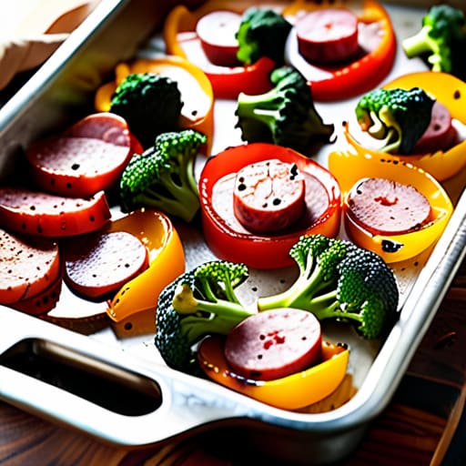 Sheet Pan Sausage and Veggies on tray.
