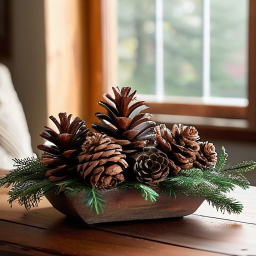 Natural Minimalist Pinecone Accents on bookshelf.